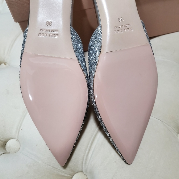 Miu Miu Calzature Donna Crystals Silver Glitter Pointed Mules Size 38 - Picture 5 of 9